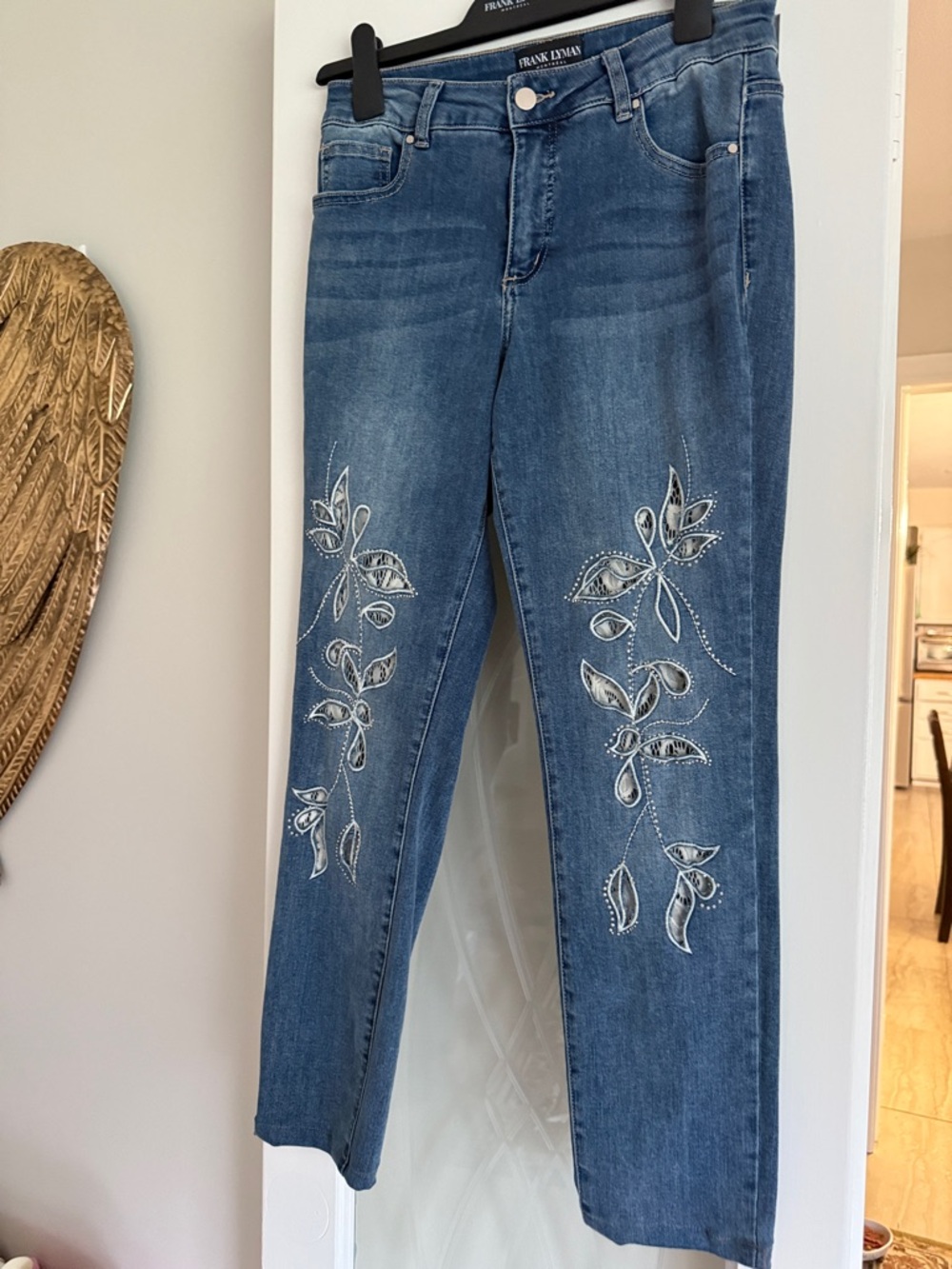 Frank Lyman Design Blue Denim Jeans with White Embroidered Floral Detail